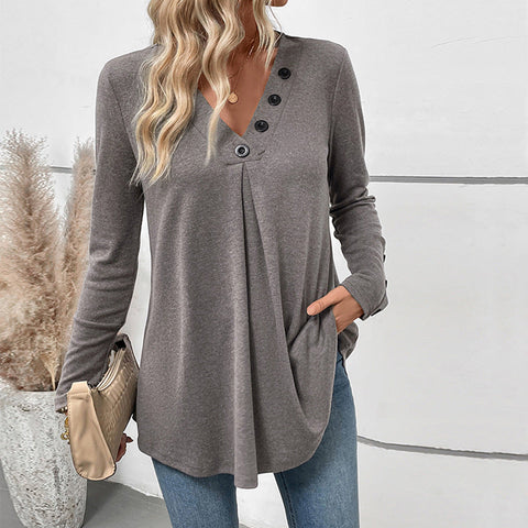 Autumn casual top medium and long v-neck solid color long-sleeved t-shirt women's m300796
