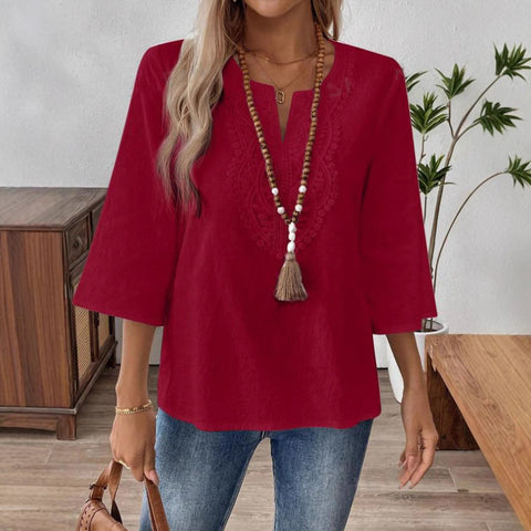 Women's loose solid color V-neck lace edge shirt m301477