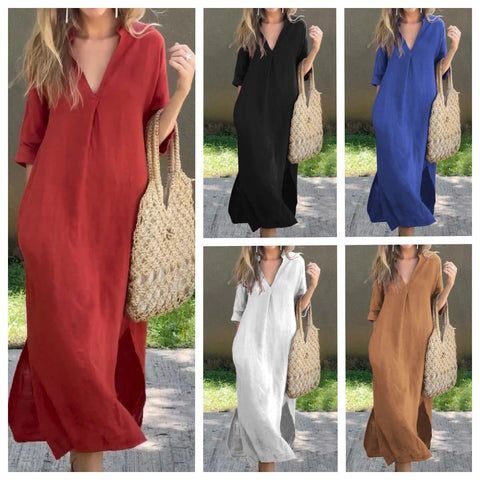 Split V-neck 7-point sleeve chest pleated dress m301506 on both sides