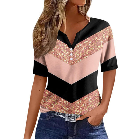 Women's T-shirt V-neck three-button 3D printing short sleeve m300477