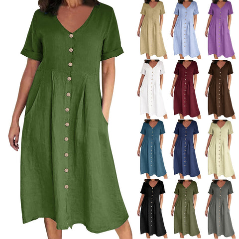New solid color loose high waist cotton and linen dress m301192