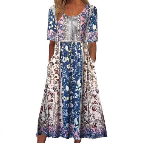 Ladies Casual Crew Neck Pullover Short Sleeve 3D Printing Pleated Waist Swing Long Dress Dress m301299