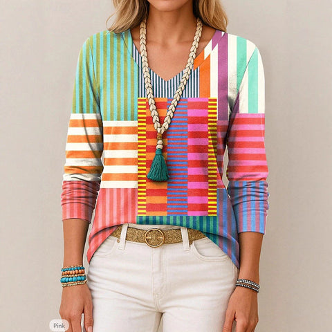 Printed loose long-sleeved V-neck T-shirt m301566