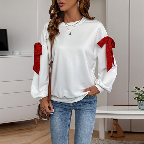 Crew neck long cuff bow sweater women m300822