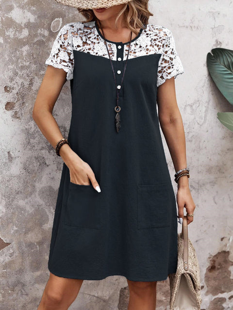 Spring and summer new women's clothing casual loose contrasting color lace splicing pocket dress m301448