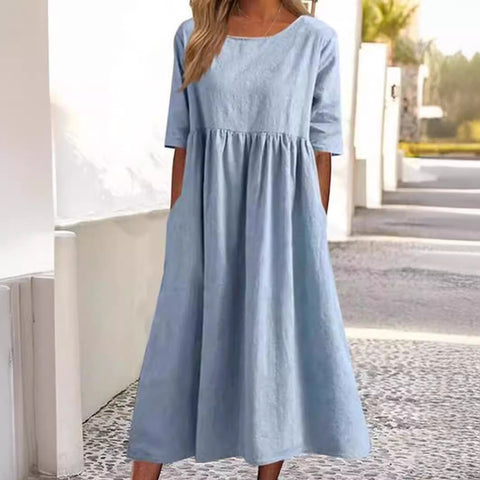New cotton and linen casual short-sleeved pocket pleated loose round neck dress m300890