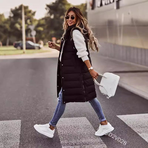 Solid color hooded single-breasted medium and long cotton jacket vest jacket top m300568