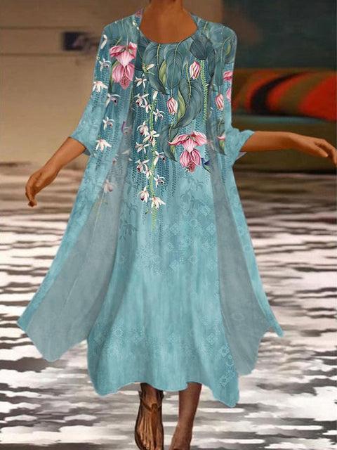 New women's long dress two-piece set flower and grass print crew neck dress m301251