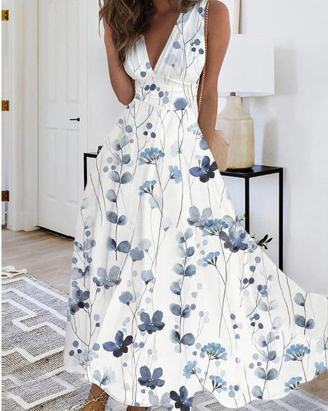 Women's new V-neck with lining high waist sleeveless printed sexy vest dress m301267