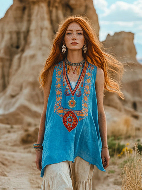 Plant flower print V-neck ethnic tribal vest top m301533
