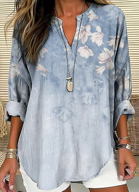 Loose 3D Printed V-Neck Shirt Long Sleeve T-Shirt m301360