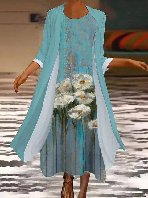 New women's long dress two-piece set flower and grass print crew neck dress m301251