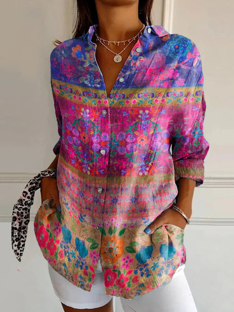 3D digital printing abstract pattern women's long-sleeved buckle linen shirt m301277