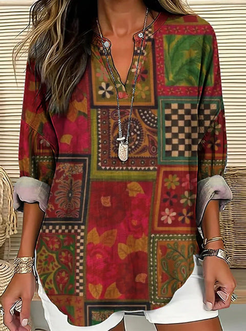 Loose 3D Printed V-Neck Shirt Long Sleeve T-Shirt m301360