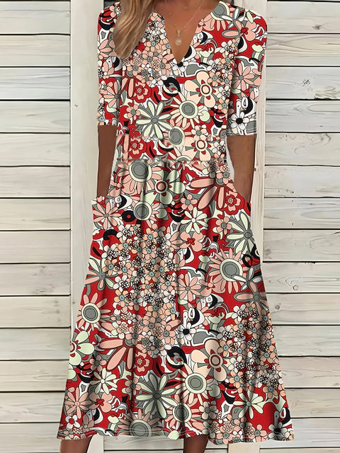 Printed V-neck elegant five-quarter sleeve dress m301208