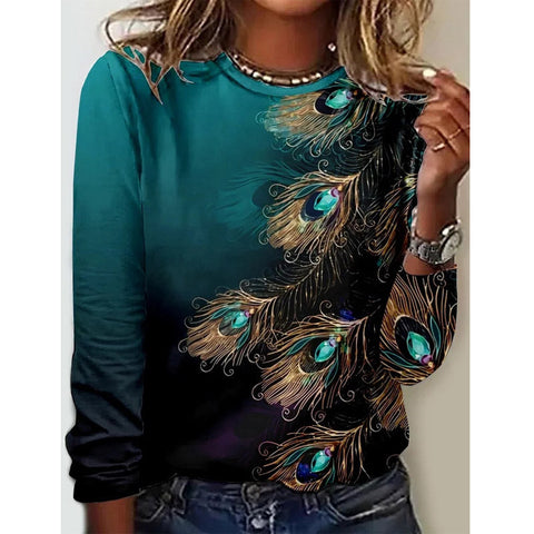 Autumn and winter women, new long-sleeved printed crew neck T-shirt top m301560