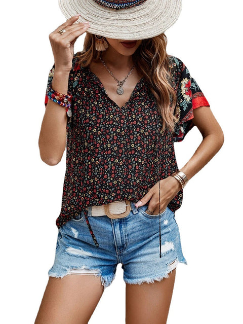 Casual famous style print V-neck short-sleeved loose shirt m300885