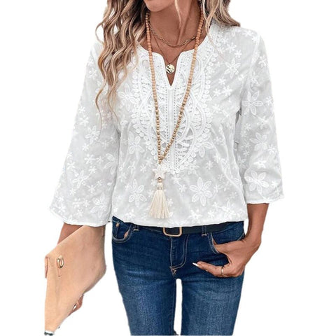 Casual loose embroidered lace v-neck women's clothing m301476