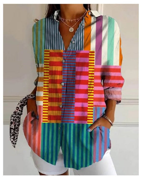 3D digital printing abstract pattern women's long-sleeved buckle linen shirt m301277