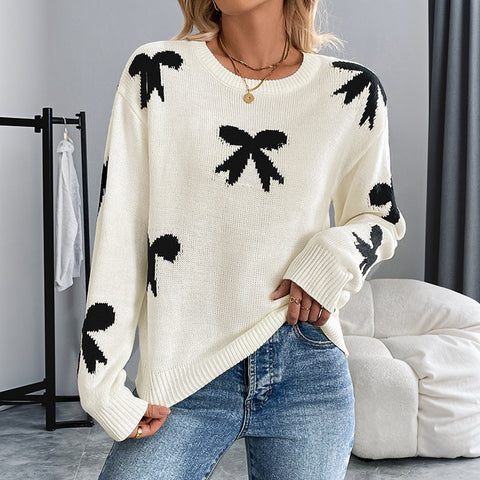 Crew neck bow jacquard autumn and winter sweater women's m300804