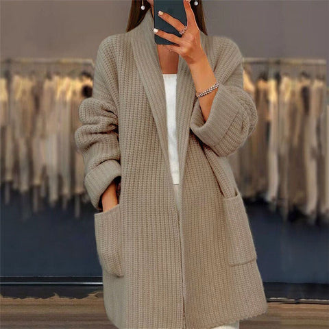 Autumn and winter new women's thickened solid color V-neck knitted cardigan loose pocket sweater jacket m300471