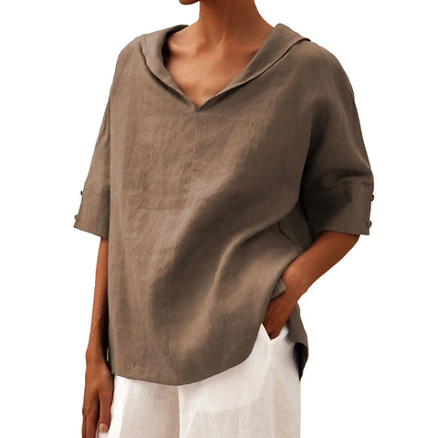 Women's solid color cotton and linen loose hooded top T-shirt m301294