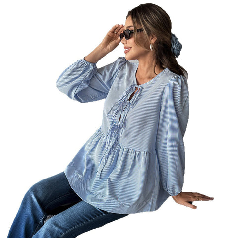 Temperament elegant striped long-sleeved strap T-shirt shirt m301397