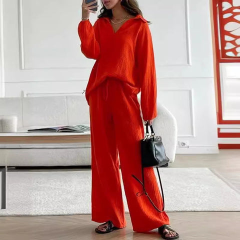 Elegant women's casual loose suit women's long-sleeved top + drawstring trousers suit autumn lapel two-piece set m301184