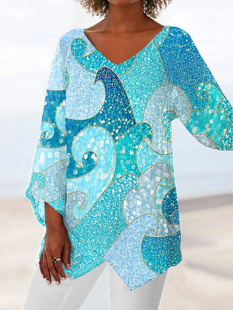 Women's printed animal natural scenery V-neck nine-quarter sleeve loose T-shirt m301289