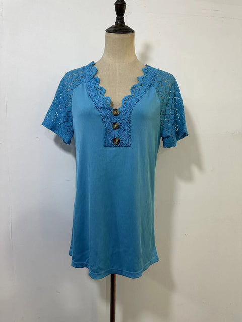 Comfort and Casual Lace Short Sleeve Stitching V-neck Pullover M300159