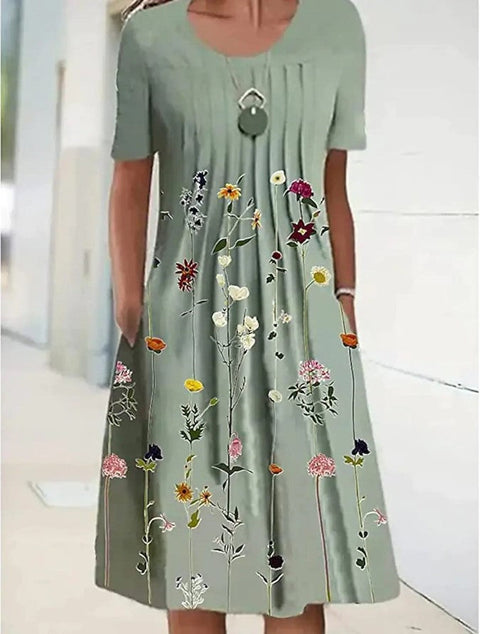 Spring/Summer Flower Printed Round Neck Pocket Mid length Dress for Women's Clothing m300037