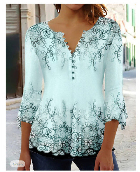 Fashion Ruili floral print V-neck three-quarter sleeve T-shirt m300035