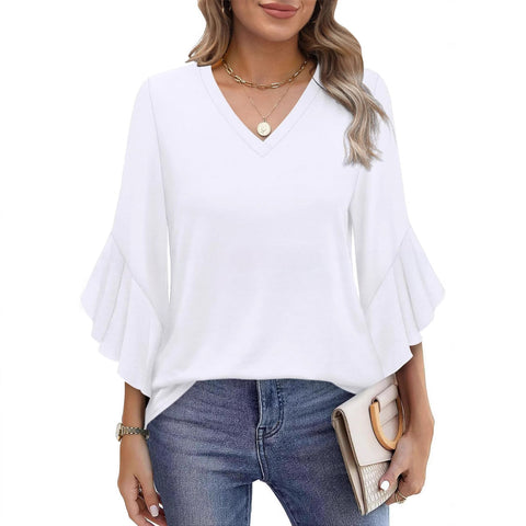 Solid color knitted printed V-neck ruffle edge seven-quarter sleeve loose top m301522