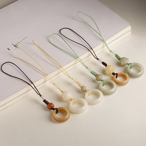 White jade Bodhi root running ring mobile phone chain hand-woven cute Dongling jade keychain pendant m3331261