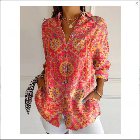 3D digital printing abstract pattern women's long-sleeved buckle linen shirt m301277